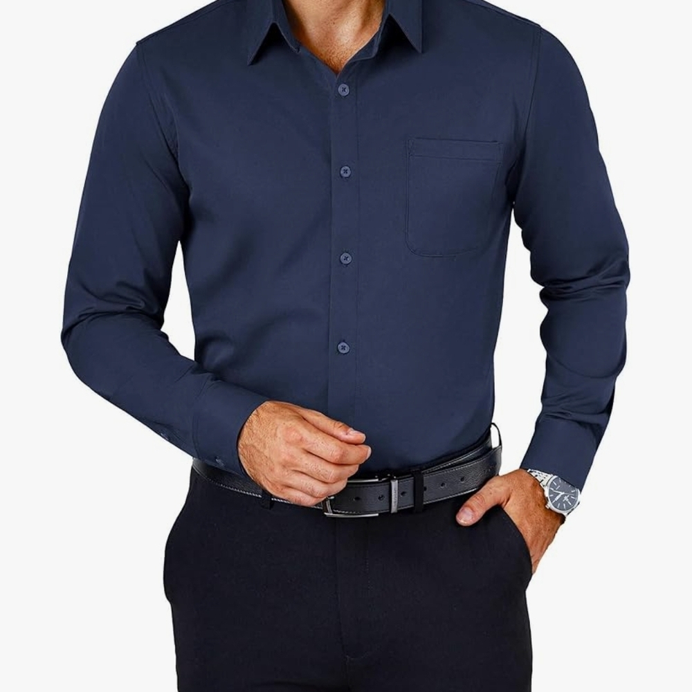 Navy Blue Tailored Dress Shirt with Pointed Collar
